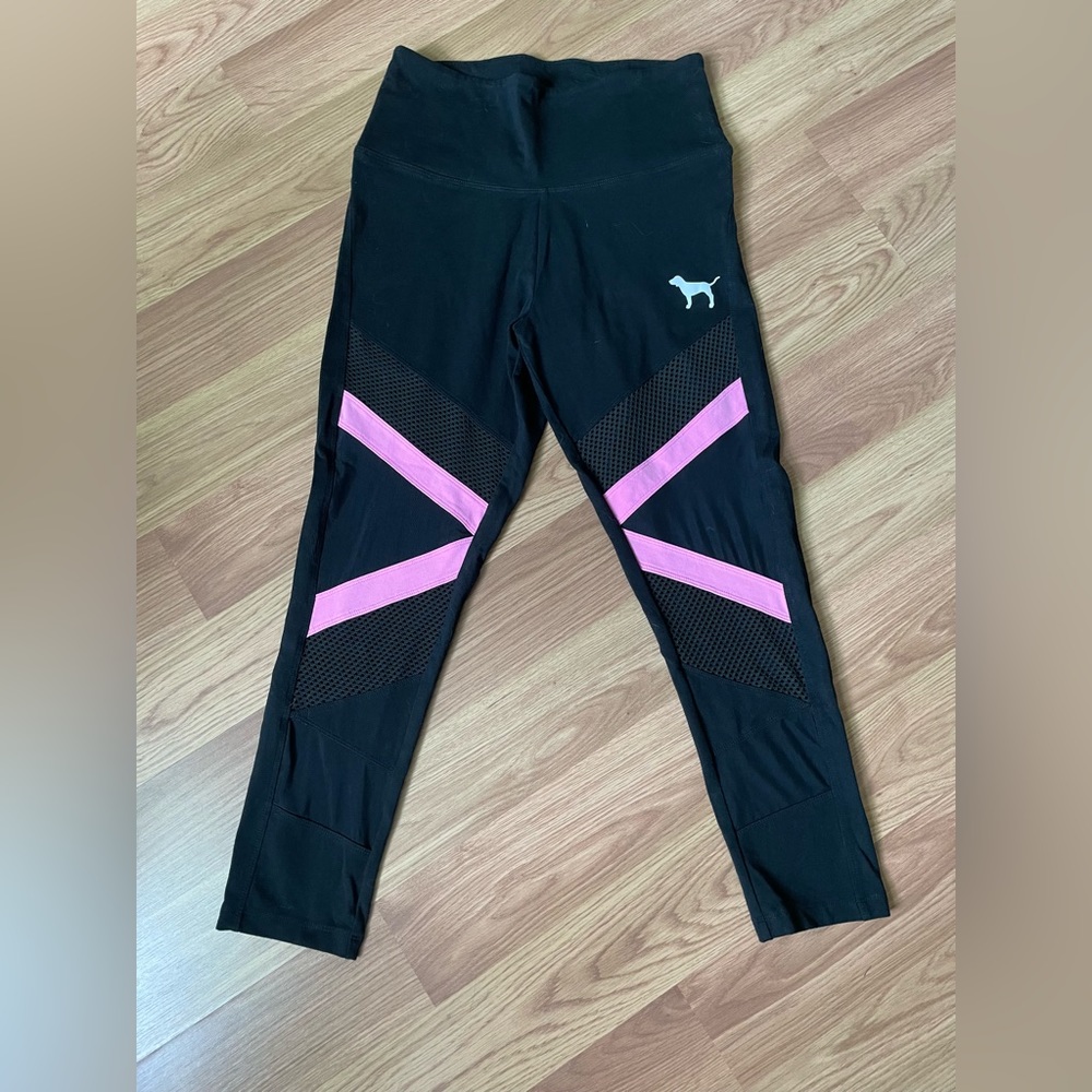 VS Pink- Black Capri leggings w/ pink & mesh detail, size M